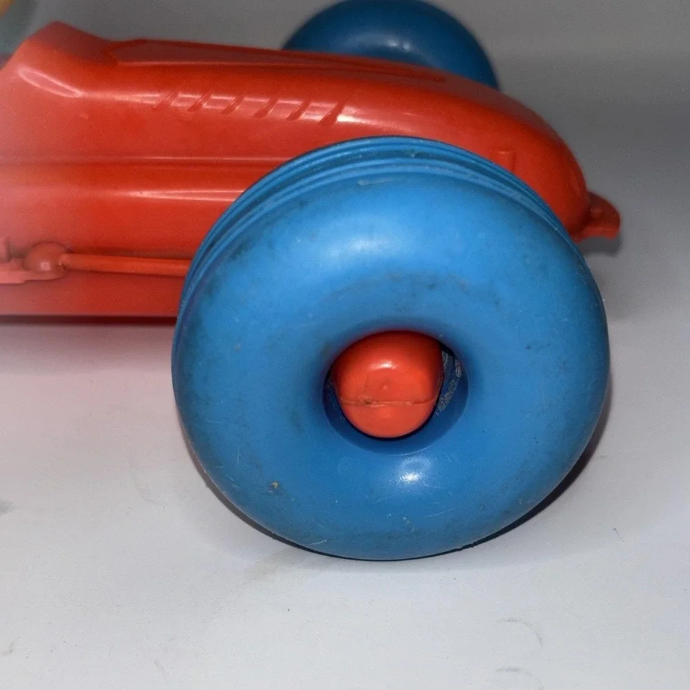 Vintage 1960s Plastic Pull Race Car Red Blue Yellow Driver Toy AS‎ IS